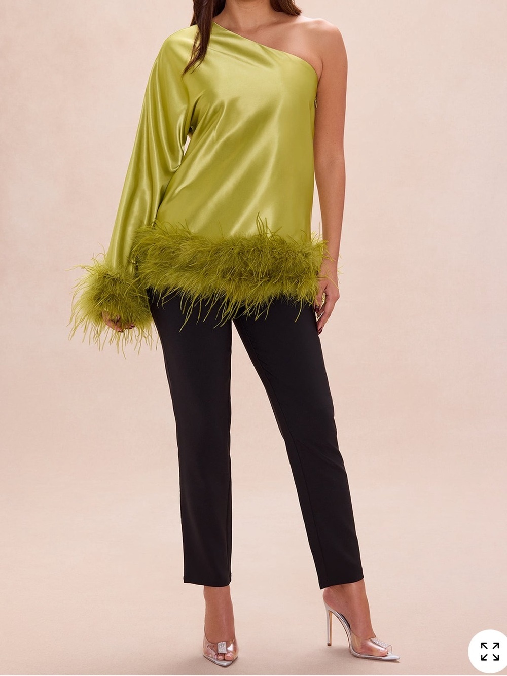 Fashion Nova One-Shoulder Lime Green Satin Feather Trim Blouse - Picture 2 of 14
